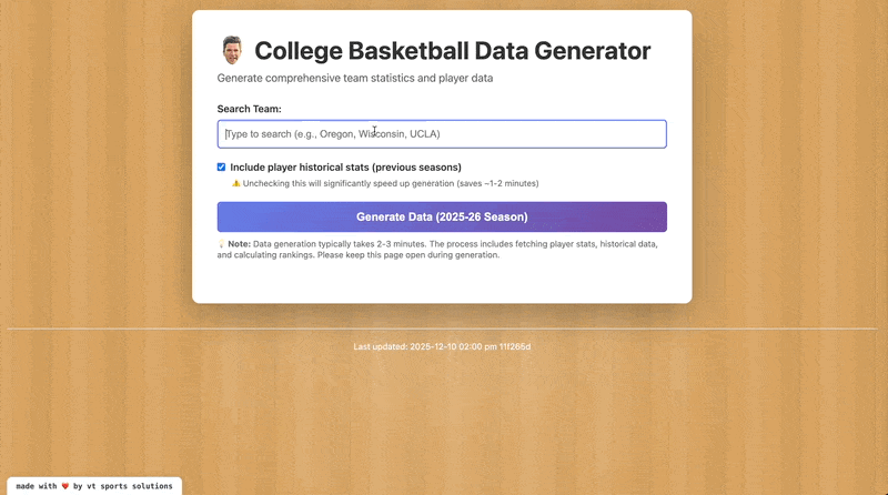 College Basketball Data Generator interface showing team selection and report generation